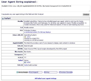 Abbildung 3: Die Seite useragentstring.com zeigt im Screenshot den User Agent String von Konqueror an.
