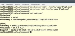 Abbildung 6: Damit das Setup einen Neustart &uuml;berlebt, schreiben Sie es in eine Konfigurationsdatei. Sie &uuml;berpr&uuml;fen mit <code>showconf wg0</code> nach einem Neustart, ob das geklappt hat.