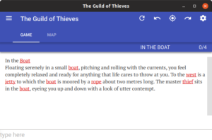 The Guild of Thieves startet als klassisches Textadventure. Einige Hilfen der neuen Benutzeroberfläche erscheinen erst, wenn man das Fenster größer zieht.