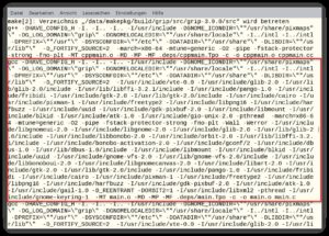 Abbildung 1: Hunderte solcher Compiler-Aufrufe wie der rot eingerahmte sind nötig, um ein durchschnittliches Programm zu kompilieren. Es leuchtet ein, dass Entwickler diese nicht per Hand schreiben, sondern mithilfe eines Build-Systems erzeugen.