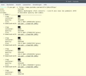 Abbildung 1: Viele Plattformen bieten Medien in unterschiedlichen Aufl&ouml;sungen und Formaten an. &Uuml;ber <code>You-get -i</code> sehen Sie sich die Varianten an.
