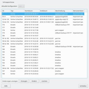Abbildung 1: Bei der Installation von Software und dem Einsatz von YaST erstellt OpenSuse ab Version&nbsp;12.1 Schnappsch&uuml;sse, die entweder ein vollst&auml;ndiges Zur&uuml;ckspielen des alten Zustands gestatten oder nur bestimmte Dateien wiederherstellen.