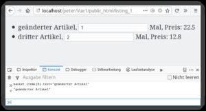 Abbildung 2: Eine Eingabe von <code>0</code> in der mittleren Spalte f&uuml;hrt dazu, dass die Software die zweite Zeile ausblendet. Zus&auml;tzlich hat eine Modifikation von <code>basket.items[0].text</code> den Namen des Artikels in Zeile&nbsp;1 ver&auml;ndert.