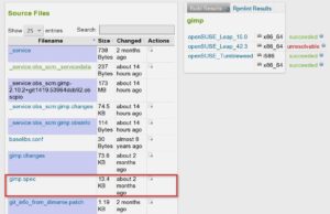 Abbildung 2: Die Spec-Dateien auf dem Build-Service von OpenSuse zeigen exemplarisch die zum Kompilieren nötigen Abhängigkeiten und die Aufrufe auf der Kommandozeile, die zum Erfolg führen – jedenfalls unter OpenSuse 15. Für OpenSuse 42.3 ist der Paketbau fehlgeschlagen (rechts oben).