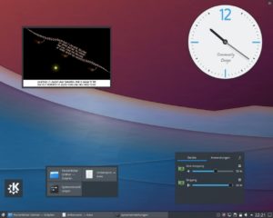 Abbildung 3: Der Desktop erlaubt es, alle Widgets sowohl auf der Leiste wie auf dem Desktop zu platzieren, wie Startmenü, Taskleiste und Lautstärkeregler unten zeigen.