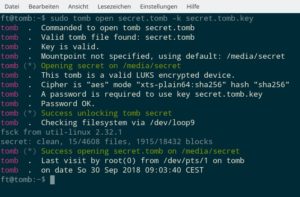 Abbildung 4: Beim Öffnen hängt Tomb den Container in das System ein. Der Befehl <code>tomb open</code> informiert zudem über den Zeitpunkt der letzten Öffnung.