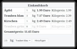 Abbildung 4: Mit dem Code aus <a href="#artRef-l2">Listing&nbsp;2</a> ist es m&ouml;glich, dem Warenkorb mit dem Button in der unteren Zeile Eintr&auml;ge aus einem Katalog hinzuf&uuml;gen. Nullmengen erscheinen ausgegraut.