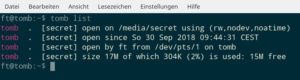Abbildung 5: Der Befehl <code>tomb list</code> liefert Informationen über den jeweiligen Zustand der eingerichteten Container.