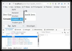Abbildung 5: Die Option-Elemente im Select-Element entstehen durch eine Schleife &uuml;ber das Array <code>catalog[]</code>. Eine zus&auml;tzliche Variable <code>index</code> sorgt f&uuml;r nullbasierte Werte des Attributs <code>value</code>.