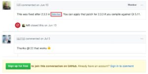 Abbildung 6: Hier ist auf der Github-Seite von KeePassXC eine Lösung in Form eines Commits im Versionskontrollsystem angekündigt, die Sie in den Build-Vorgang zu Hause einbringen.