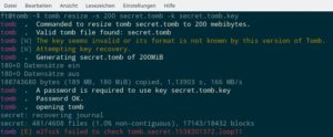 Abbildung 6: Mittels <code>tomb resize</code> vergrößern Sie nachträglich einen mit Tomb erstellten Container. Das Verkleinern, etwa um die Daten auf einen USB-Stick mit geringerer Kapazität zu speichern, ist allerdings nicht möglich.