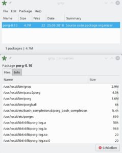 Abbildung 7: Porg kapselt den Aufruf von <code>make install</code> und protokolliert installierte Dateien. Hier ist das mitgelieferte Frontend Grop zu sehen.