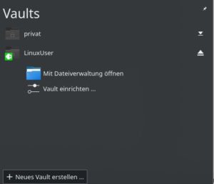 Abbildung 8: Plasma Vault richtet sich im System-Tray ein. So ist das Fenster zum Anzeigen vorhandener und zum Erstellen neuer Vaults immer nur einen Mausklick entfernt.