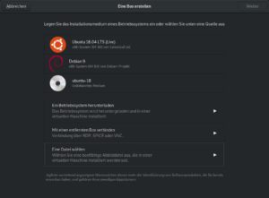 Abbildung 1: Über den Einrichtungsassistenten lassen sich direkt aus Gnome Boxes heraus zahlreiche Distributionen herunterladen.