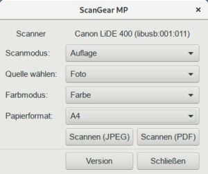 Abbildung 1: Die Linux-Version des Canon-Scan-Programms bel&auml;sst es bei den grundlegenden Funktionen. Eine Vorschau fehlt ebenso wie die M&ouml;glichkeit, nur einen bestimmten Ausschnitt zu scannen.