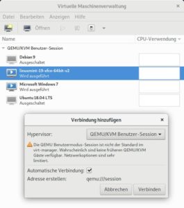 Abbildung 1: Mit einer <span class="ui-element">QEMU/VM Benutzer-Session</span> zeigt der Virtual Machine Manager automatisch die mit anderen KVM-Frontends wie Gnome Boxes erstellten VMs an.
