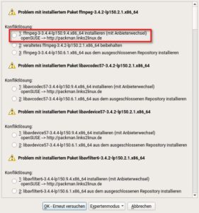 Abbildung 2: Das Avidemux-Paket aus dem Packman-Repository benötigt Ffmpeg und zugehörige Teilpakete. Packman bietet hier eine neuere Version als das OpenSuse-Repository. YaST bietet alle Varianten an, warnt aber dabei vor dem potenziell gefährlichen Wechsel.