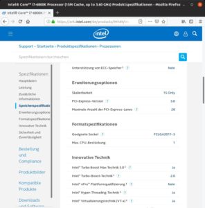 Abbildung 2: Wie hier ganz unten zu sehen, unterstützt der auf der Intel-Seite abgefragte Core-i7-6800K-Prozessor die Virtualisierungstechnik VT-x.