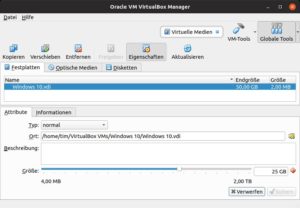Abbildung 3: Hier wurde versucht, &uuml;ber den nach links gezogenen Regler die Festplatte zu verkleinern. Virtualbox verhindert das und weist mit dem roten Warndreieck auf das Problem hin.