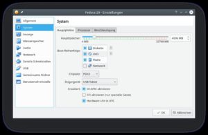 Abbildung 4: Hier stecken 32 GByte Hauptspeicher im Rechner, von denen Virtualbox 4 GByte für Fedora 29 reserviert. Der grüne Streifen zeigt an, wie viel Hauptspeicher Sie maximal zuteilen dürften.