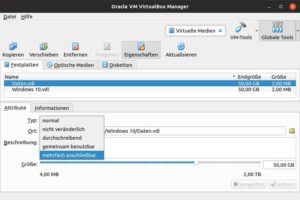 Abbildung 4: Mit der Einstellung <span class="ui-element">gemeinsam nutzbar</span> l&auml;sst sich die virtuelle Festplatte einer VM in einer anderen virtuellen Maschine einbinden und nutzen.