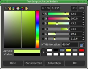 Abbildung 5: In Gimp 2.10 kann der Farbwähler neben RGB auch LCh-Komponenten der Farben anzeigen.