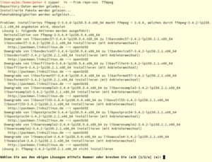 Abbildung 6: Das Werkzeug Zypper entspricht funktional in vielen Aspekten dem YaST-Modul <span class="ui-element">Software</span>, etwa bei den Lösungsvorschlägen für Probleme bei Abhängigkeiten.