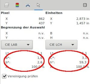 Abbildung 6: L*a*b* und LCh lassen sich direkt ineinander überführen. Gimp zeigt das im <span class="ui-element">Zeigerdock</span>.