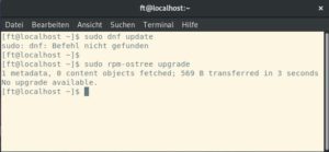 Abbildung 8: Der Versuch, Fedora Silverblue mit DNF zu aktualisieren, schlägt fehl. Die atomaren Updates des Basissystems übernimmt hier OSTree, die Flatpaks aktualisieren Sie automatisch per Gnome Software.