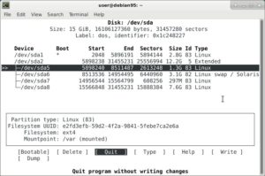 Abbildung 3: Cfdisk zeigt Ihnen weitere Informationen &uuml;ber die im Rechner verbauten Platten und die darauf befindlichen Partitionen.
