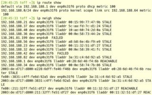 Abbildung 3: Das Kommando <code>ip route show</code> liefert die im System angelegten Routen. <code>ip neigh show</code> gibt den Inhalt des ARP-Caches aus. Hier dient <code>neigh</code> als bequeme Abkürzung für <code>neighbour</code>.
