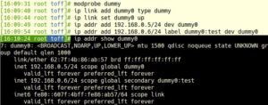 Abbildung 4: Der Befehl <code>ip link</code> aktiviert Netzwerkkarten, hier das virtuelle Interface <code>dummy0</code>. Die weiteren Kommandos weisen ihm eine primäre und eine sekundäre IP-Adresse sowie ein Label zu.