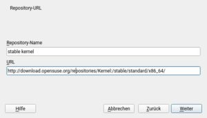 Abbildung 6: Die Eingabe einer Repository-URL gen&uuml;gt, um unter "Leap" den alten Kernel durch einen aktuellen zu ersetzen. "Tumbleweed" hat die neuere Version schon von Haus aus an Bord.