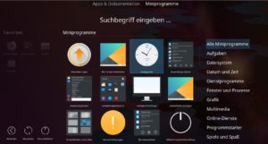 Abbildung 9: Die bildschirmf&uuml;llende Anwendungs&uuml;bersicht bietet nun auch Zugriff auf die Widgets, die hier als <span class="ui-element">Miniprogamme</span> erscheinen.