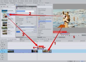 Abbildung 1: Zum Beschneiden von Videos wählen Sie zuerst im <span class="ui-element">Clipmonitor</span> (unterhalb des Player-Fensters) einen Bereich aus. Dann ziehen Sie diesen Clip entweder direkt auf die Spur für die Montage (1) oder zunächst ins Fenster <span class="ui-element">Projektinhalt</span> (2) und erst später in den Montagebereich (3). Feinkorrekturen der Schnittstellen nehmen Sie auf der Montagespur vor (4).