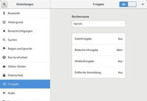 Abbildung 1: Der Gnome Remote Desktop versteckt sich in den Einstellungen hinter dem Punkt <span class="ui-element">Bildschirmfreigabe</span>. Mit den gezeigten Einstellungen können später Clients den Desktop des Rechners <span class="ui-element">marvin</span> aufrufen.
