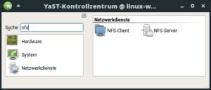 Abbildung 2: Sowohl für das Einbinden von NFS-Shares (<span class="ui-element">NFS-Client</span>) als auch für deren Bereitstellung (<span class="ui-element">NFS-Server</span>) bringt YaST Module mit. Das Server-Modul installieren Sie gegebenenfalls nach.