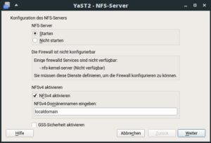 Abbildung 3: Der erste Dialog des Moduls <span class="ui-element">NFS-Server</span> startet den Dienst und aktiviert NFS Version 4. Allerdings funktioniert die Freigabe des entsprechenden Ports in der Firewall in Leap 15 nicht.