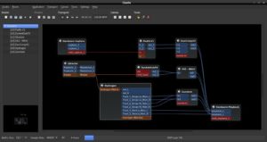 Abbildung 4: Ein verkabeltes Studio mit (von links nach rechts) dem Midi-Eingang des Rechners, einem Sequenzer und einer gekoppelten Rhythmusmaschine sowie Synthesizern, Effektgeräten und dem Audio-Ausgang.