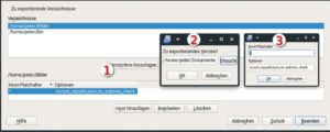 Abbildung 4: Im YaST-Modul <span class="ui-element">NFS-Server</span> wählen Sie über einen Klick (1) einen Ordner für die Freigabe (2) aus. Abschließend verändern Sie bei Bedarf noch die vorgeschlagenen Optionen (3).