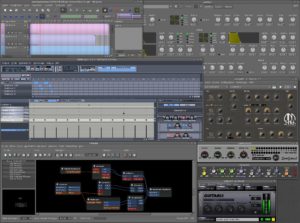 Abbildung 5: Ein komplettes Claudia-Studio mit den Fenstern von Qtractor und der über Claudia synchronisierten Rhythmusmaschine Hydrogen (links), zwei Synthesizern und drei Effektgeräten (rechts). Qtractor gibt dabei das Tempo vor.