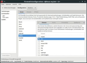 Abbildung 5: Wenigstens NFS 4 funktioniert, wenn Sie im neuen YaST-Modul <span class="ui-element">Firewall</span> den <span class="ui-element">Dienst</span> <span class="ui-element">nfs</span> für die Zone <span class="ui-element">public</span> freigeben.