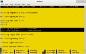 Abbildung 6: Das System schickt wichtige Informationen zu Updates und zum Status per E-Mail an den Root-Account. Mit <code>mail</code> oder wie hier mit dem E-Mail-Client Alpine lesen Sie die Infos aus.