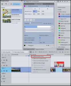 Abbildung 7: In den Montagespuren definierte <span class="ui-element">Preview Zones</span> (rot markiertes Kontextmenü) und niedrig auflösende Proxy-Clips (P-Symbol, im unteren Video läuft das Erstellen) sorgen für eine stotterfreie Videovorschau.