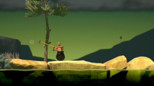 Mit der Maus holt Bennett Foddy in seinem Kessel Schwung. Der weiße Punkt links repräsentiert den Mauszeiger.