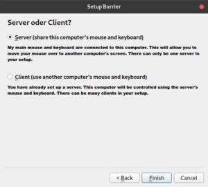 Abbildung 1: &Uuml;ber den initialen Einrichtungsassistenten von Barrier konfigurieren Sie die Rolle des Systems. Tastatur und Maus m&uuml;ssen am Server h&auml;ngen.