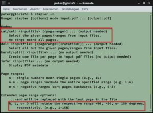 Abbildung 1: Mit den Parametern <code>sel</code> oder <code>cat</code> (oben) von Stapler l&ouml;sen Sie Bereiche aus PDFs, die Sie bei Bedarf in 90-Grad-Schritten drehen (unten).