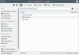Abbildung 2: Von Windows freigegebene Ordner zeigt der KDE- oder Gnome-Dateimanager direkt nach Eingabe von <code>smb://</code> und der IP-Adresse des Windows-Rechners an.
