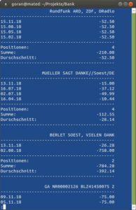 Abbildung 2: Sie können Ihre Kontenbewegungen im Terminal betrachten, dabei innerhalb des Terminals scrollen oder einen Pager wie etwa Less benutzen.
