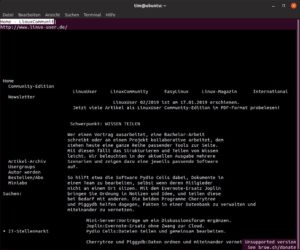 Abbildung 3: Nach einem Druck auf <span class="key-combo">[Strg]+[M]</span> schaltet Browsh in eine monochrome Ansicht, hier am Beispiel der Webseite von LinuxUser zu sehen.